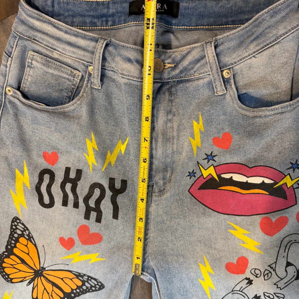 AKIRA Graphic Butterfly Pop Art Jeans High Rise Statement Denim Size 27 - Picture 5 of 11